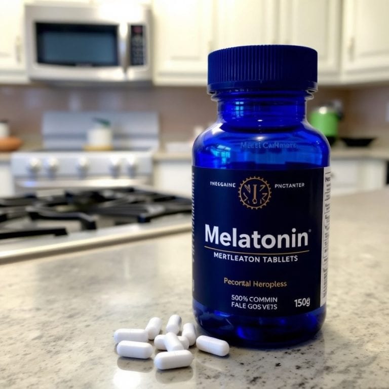 Melatonin tablets on a kitchen counter with a bottle