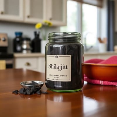Shilajit in a jar on a kitchen table