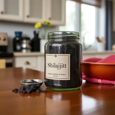 Shilajit in a jar on a kitchen table